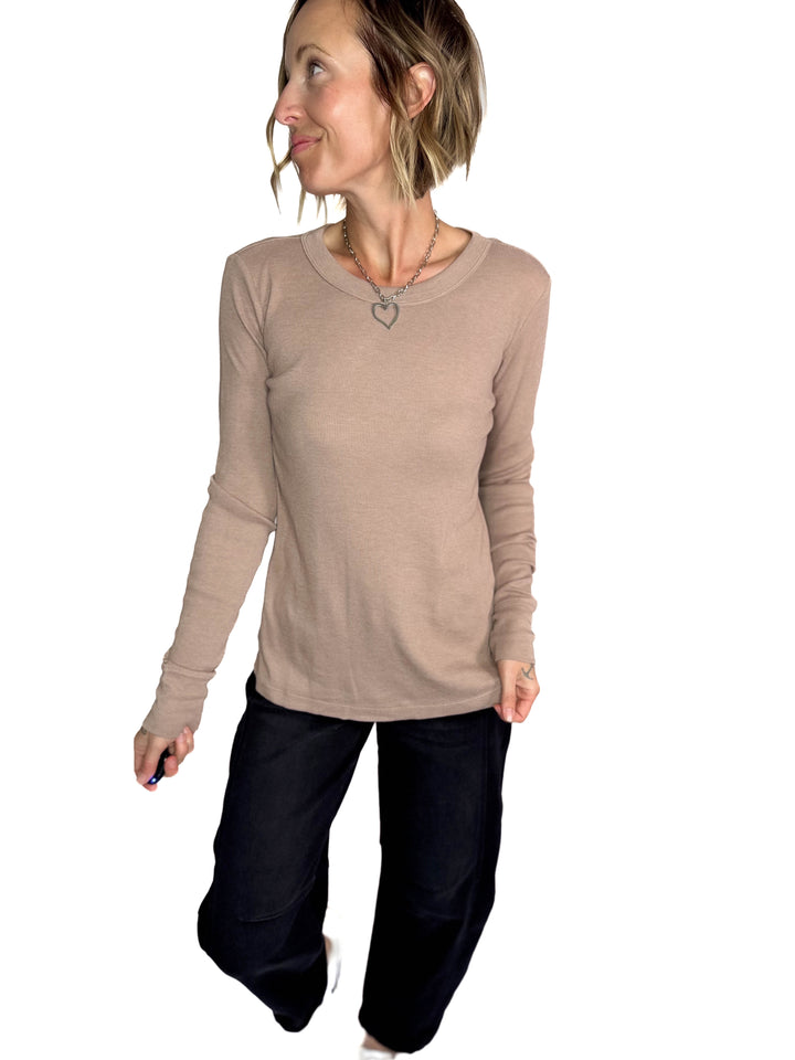 Brenda Ribbed Cotton Long Sleeve- HEATHER MOCHA
