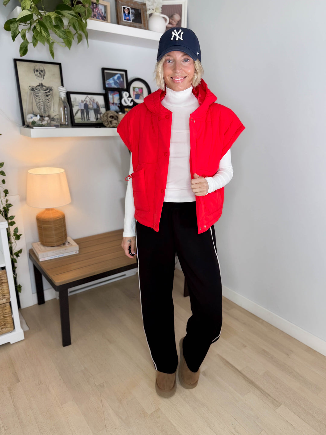 Isabella Quilted Hoodie Vest- TOMATO