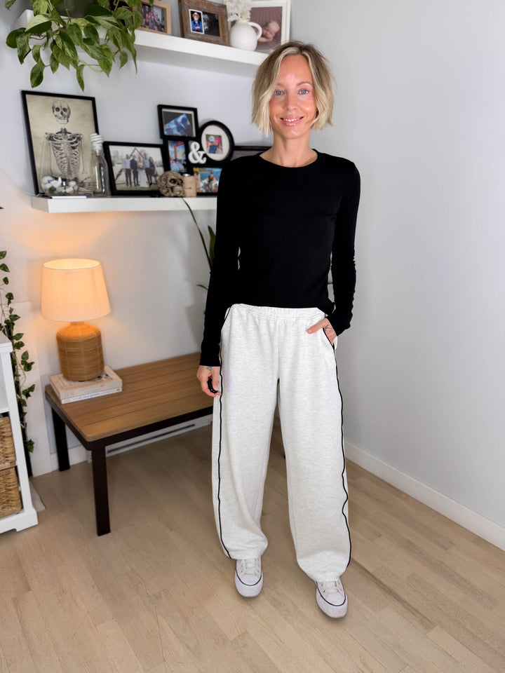 Miranda Modal Piping Straight Leg Pant- LIGHT HEATHER GREY/BLACK