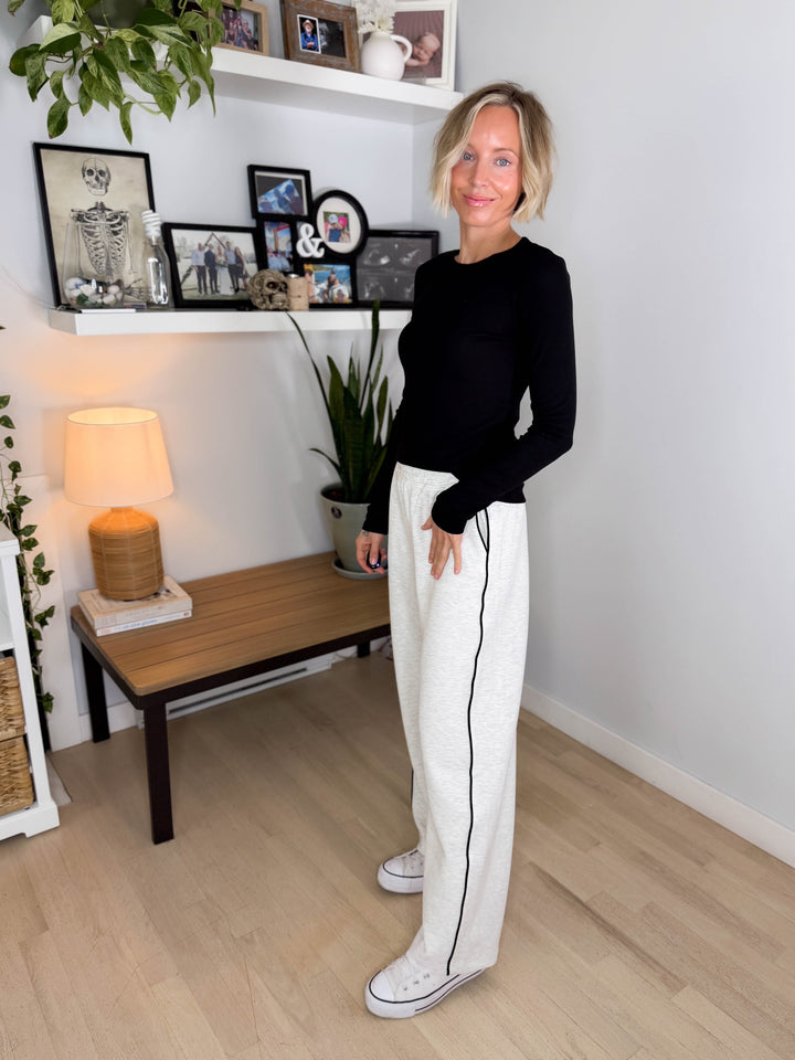Miranda Modal Piping Straight Leg Pant- LIGHT HEATHER GREY/BLACK