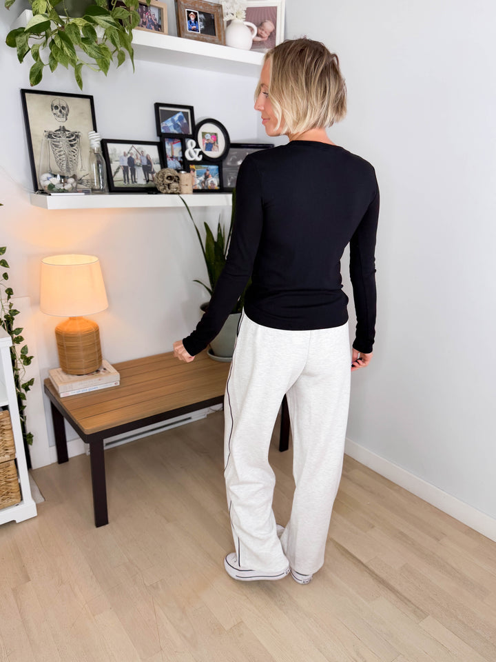Miranda Modal Piping Straight Leg Pant- LIGHT HEATHER GREY/BLACK