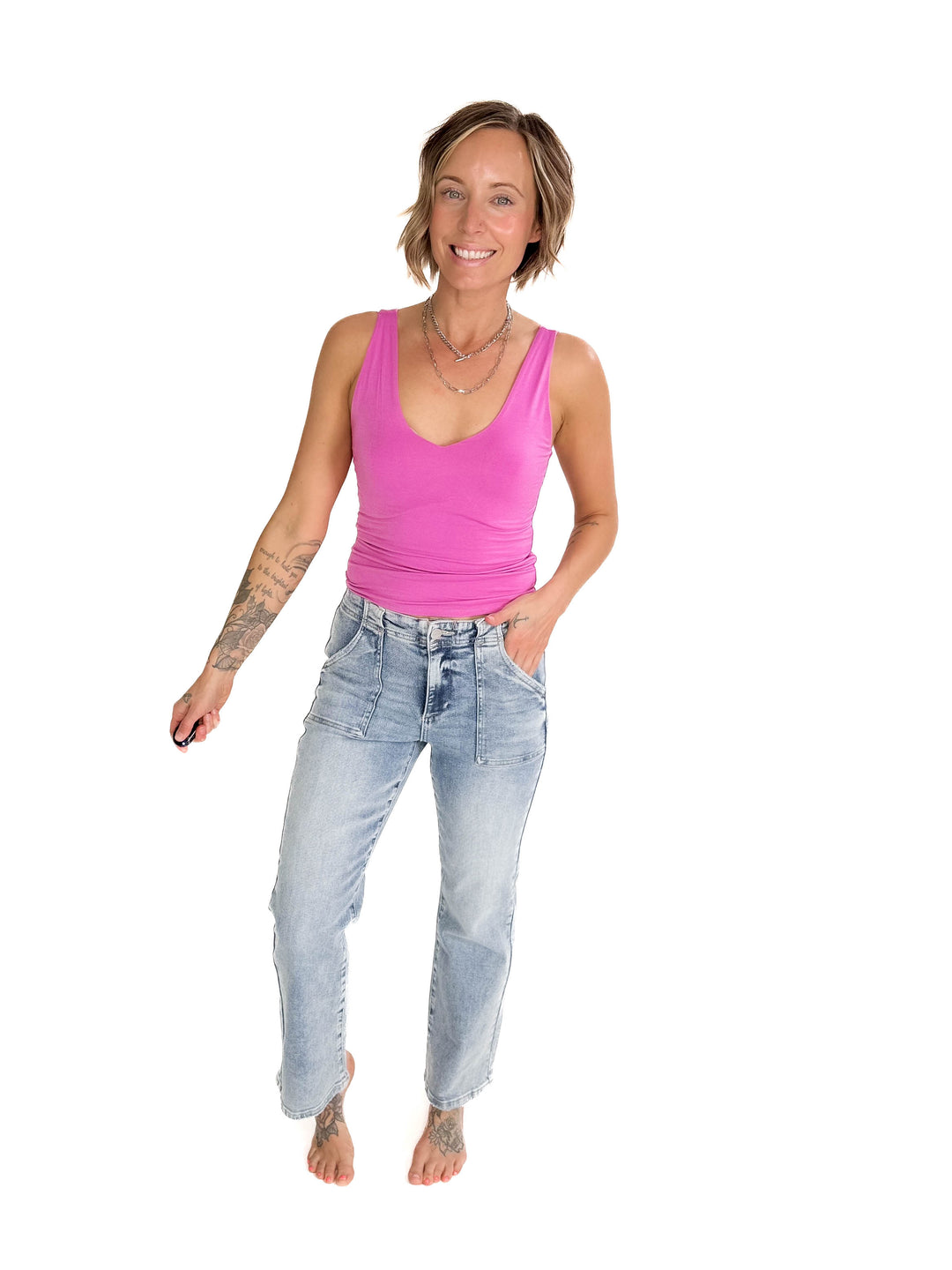 RISEN Ace High Rise Patch Pocket Straight Leg Jeans- LIGHT WASH-FINAL SALE