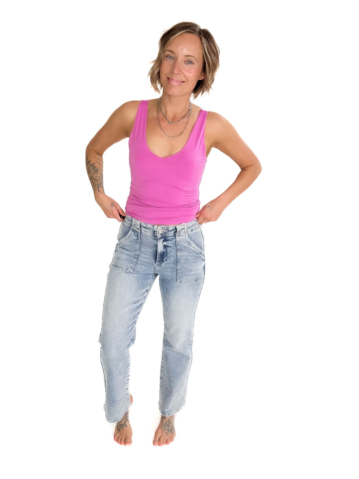 RISEN Ace High Rise Patch Pocket Straight Leg Jeans- LIGHT WASH-FINAL SALE