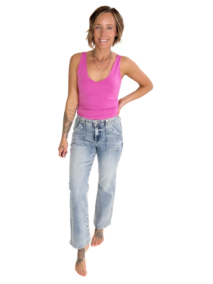 RISEN Ace High Rise Patch Pocket Straight Leg Jeans- LIGHT WASH-FINAL SALE