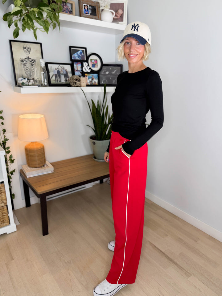 Miranda Modal Piping Straight Leg Pant- TRUE RED/CREAM
