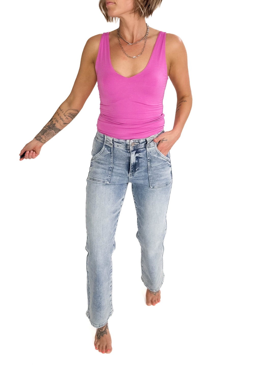 RISEN Ace High Rise Patch Pocket Straight Leg Jeans- LIGHT WASH-FINAL SALE