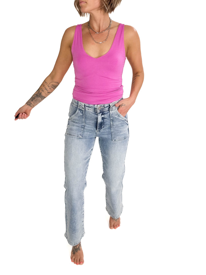 RISEN Ace High Rise Patch Pocket Straight Leg Jeans- LIGHT WASH-FINAL SALE
