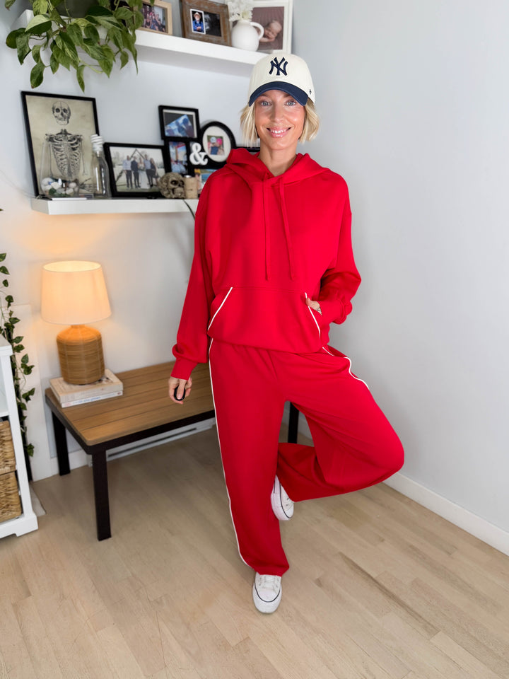 Miranda Modal Piping Hoodie- TRUE RED/CREAM