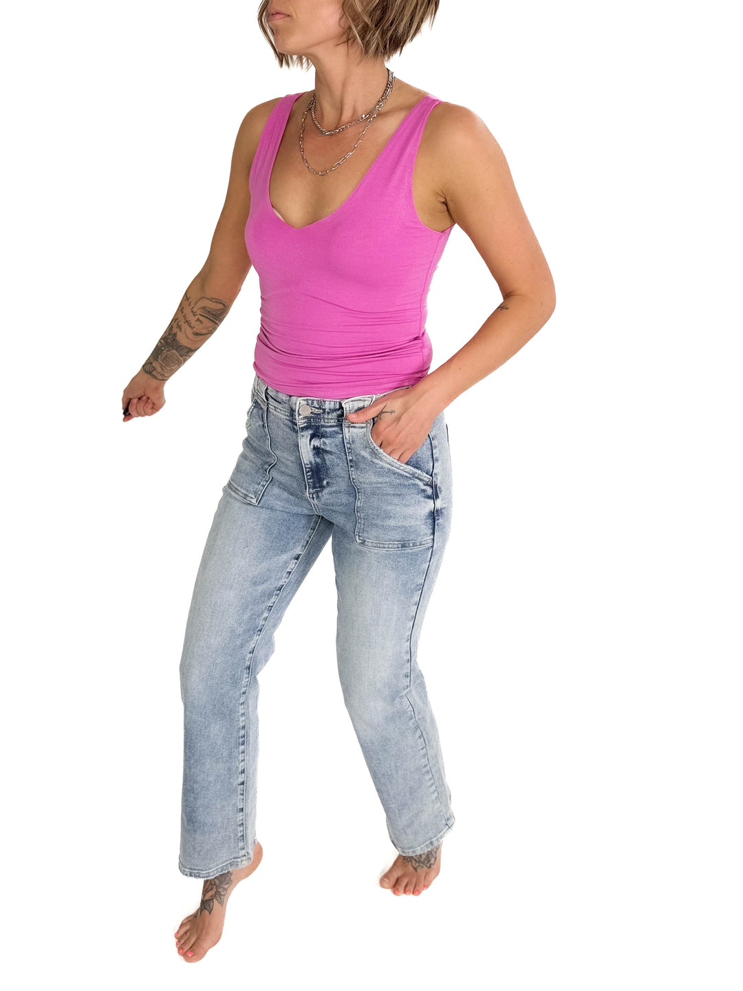 RISEN Ace High Rise Patch Pocket Straight Leg Jeans- LIGHT WASH-FINAL SALE