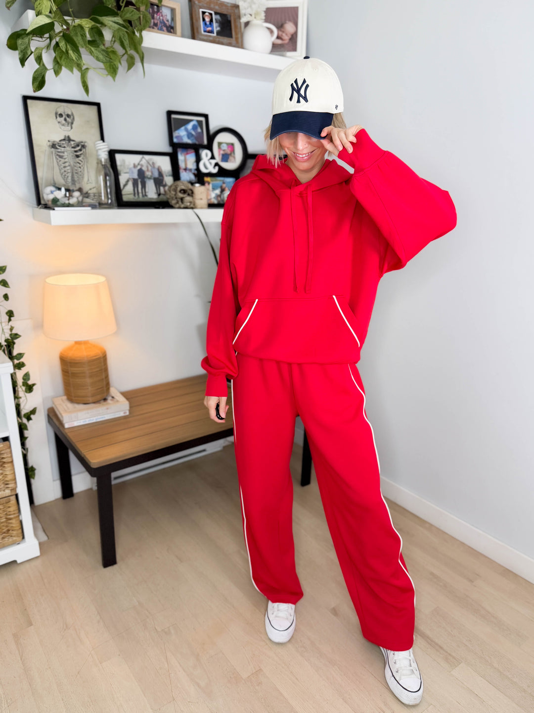 Miranda Modal Piping Hoodie- TRUE RED/CREAM