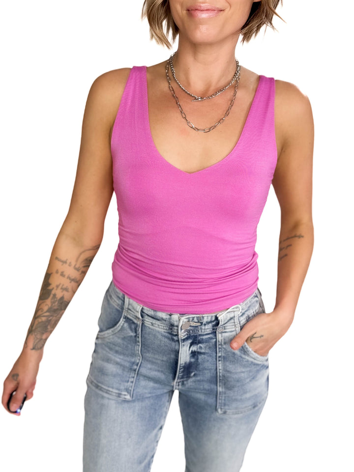 Lucy Double V Neck Jersey Tank-  RASPBERRY ROSE