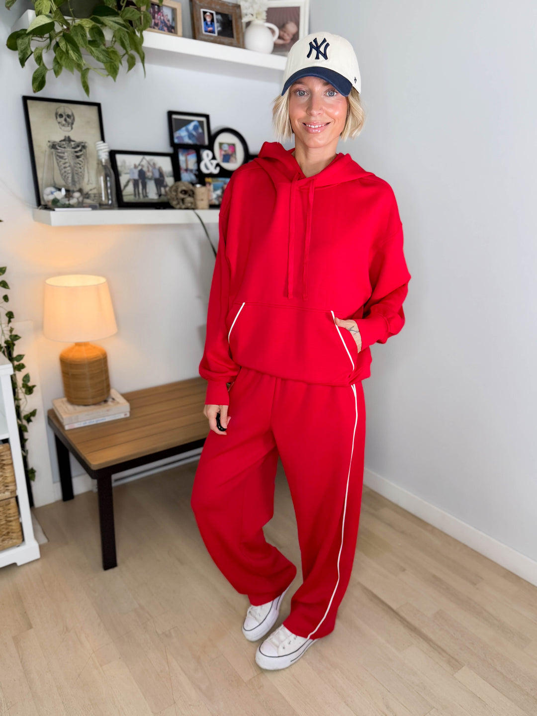 Miranda Modal Piping Hoodie- TRUE RED/CREAM