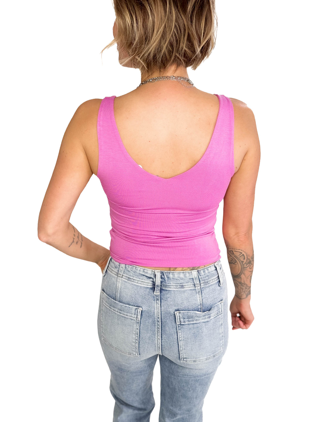 Lucy Double V Neck Jersey Tank-  RASPBERRY ROSE