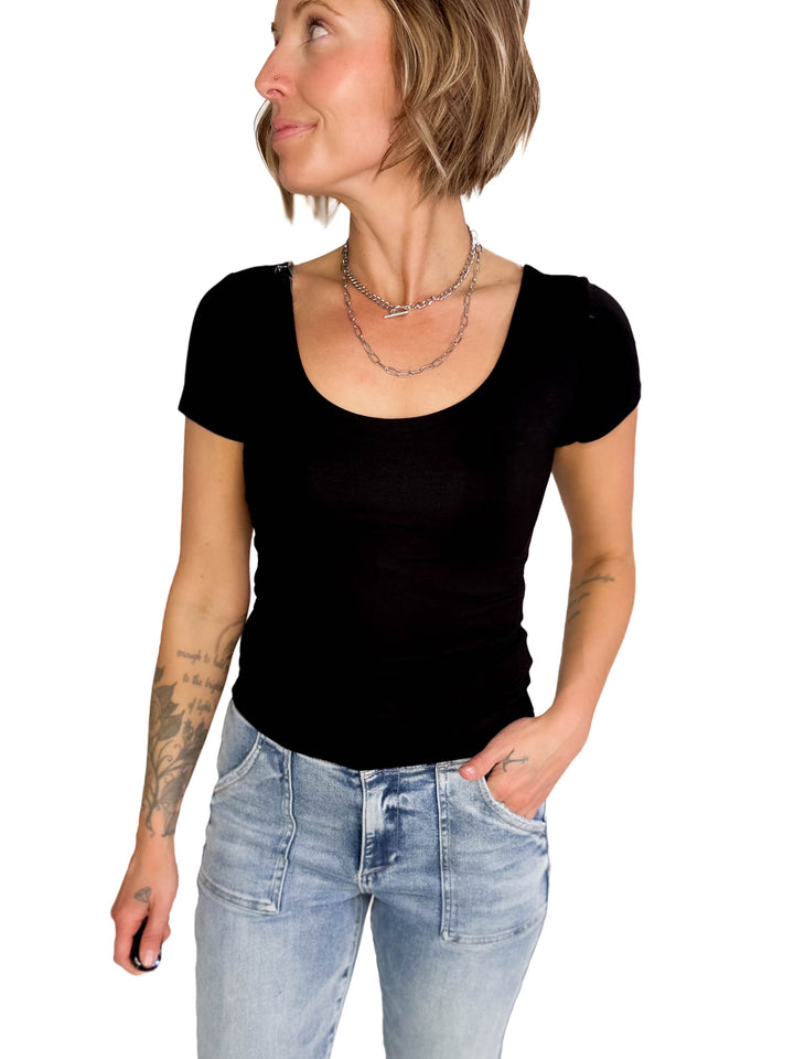 Lucy Scoop Neck Cap Sleeve Jersey Tee- BLACK