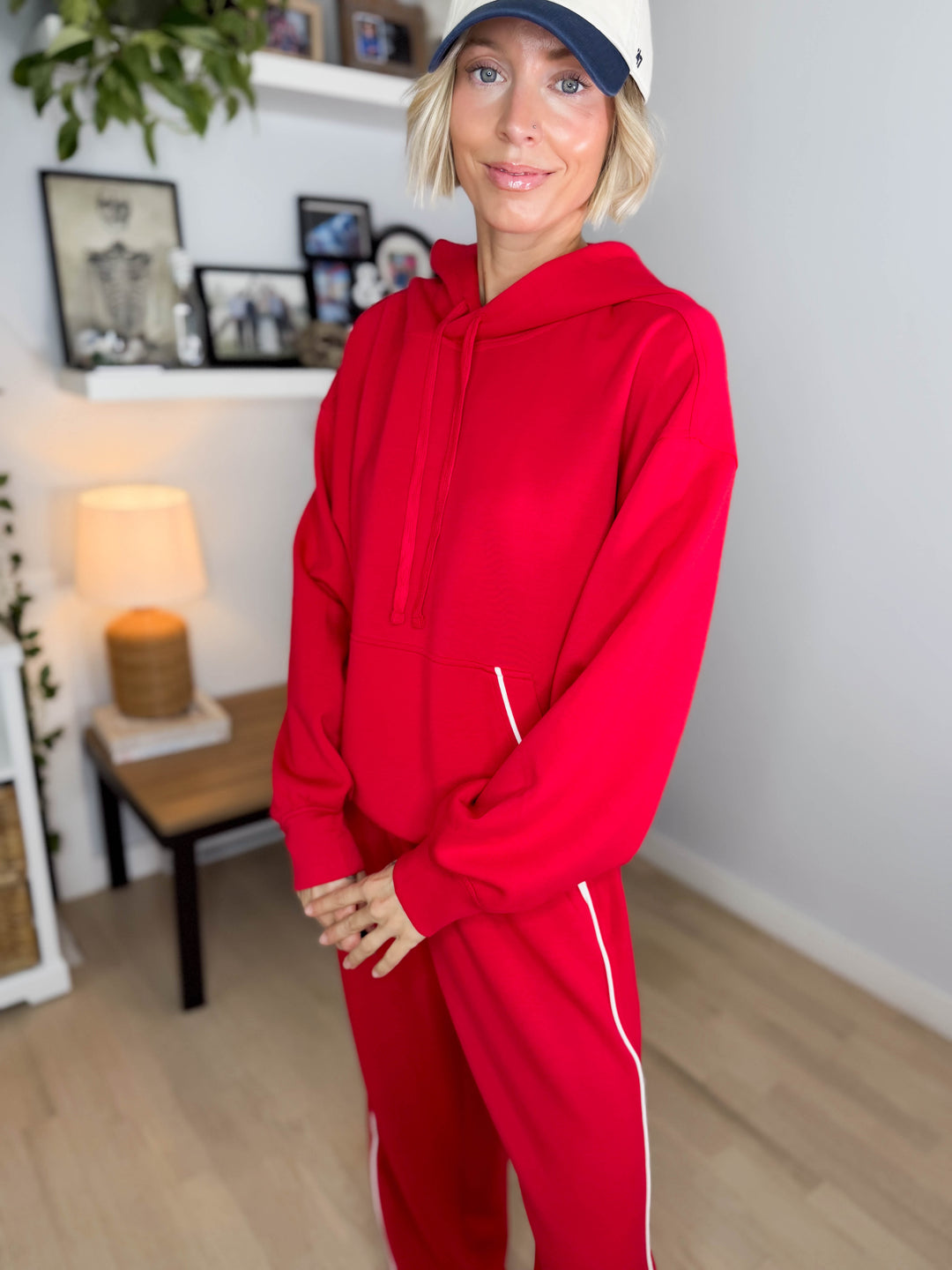 Miranda Modal Piping Hoodie- TRUE RED/CREAM