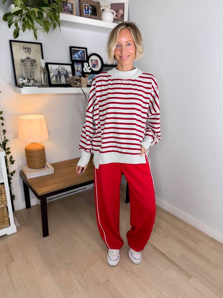 Juniper Mockneck Stripe Pullover- HTHR GREY/RED