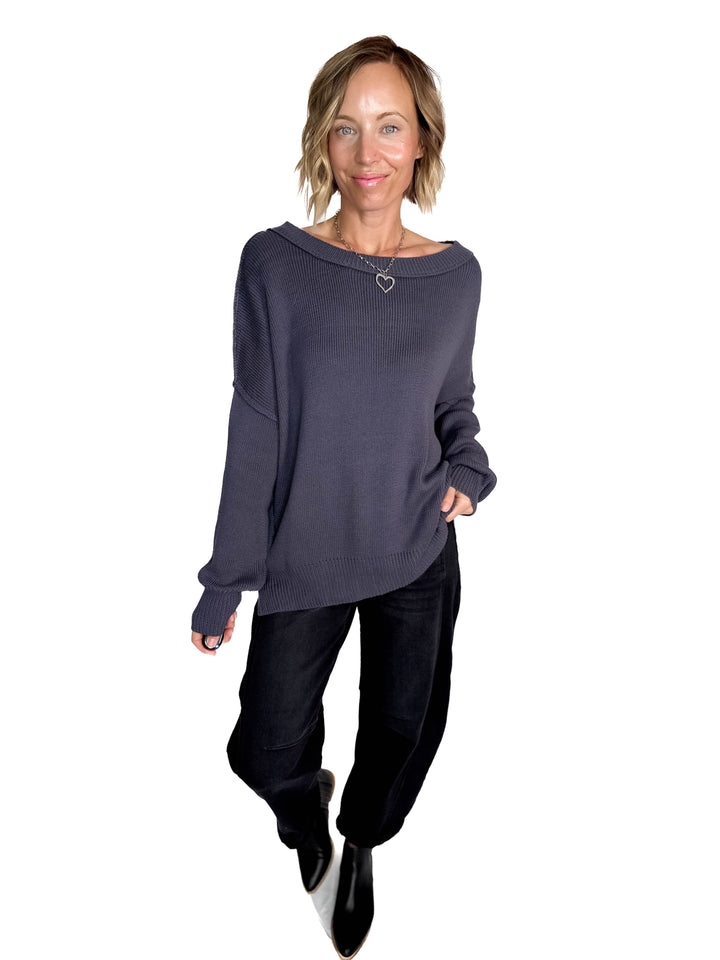 Ever Oversized Cotton Exposed Seam Sweater- BLUE GREY