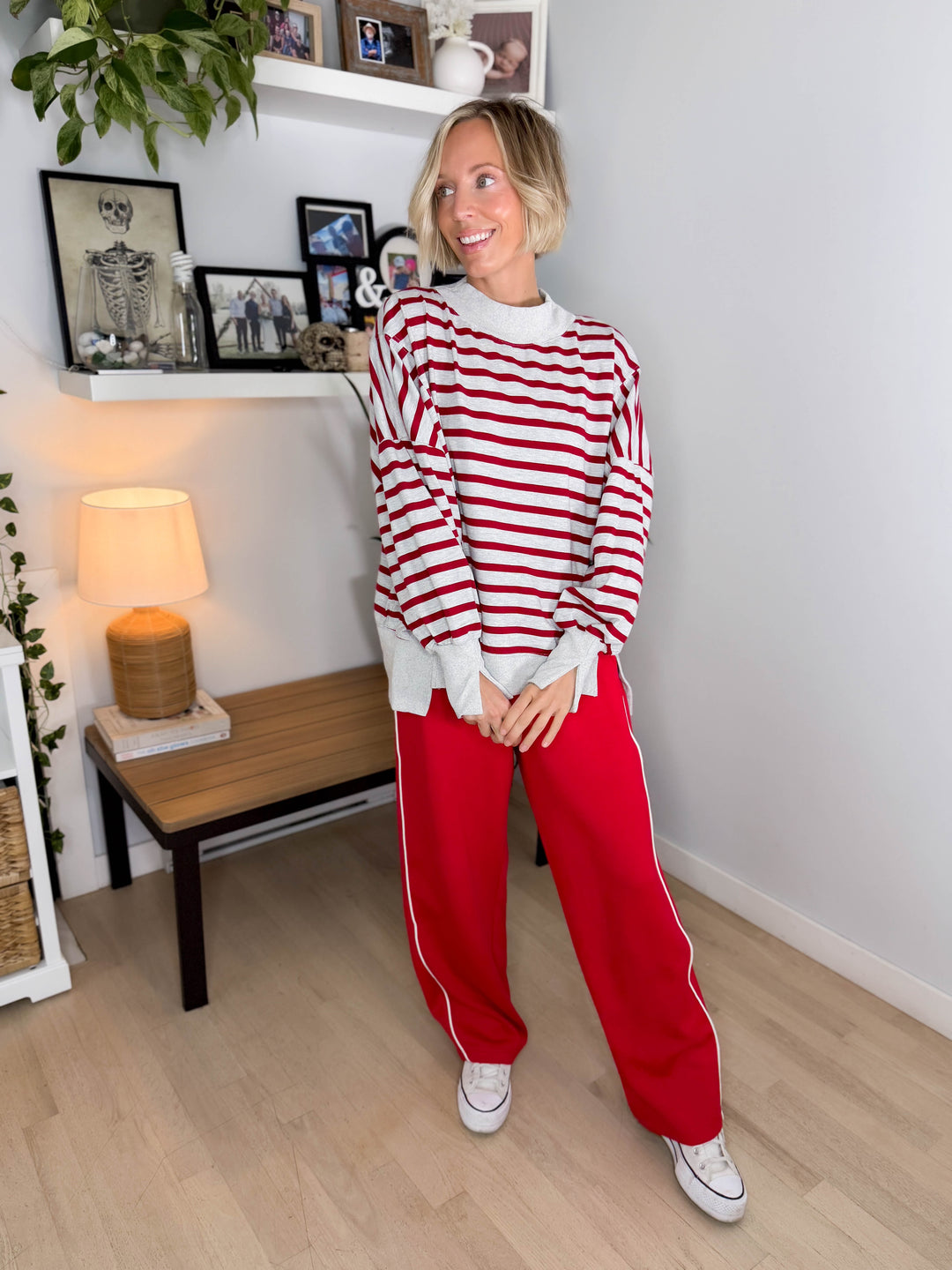Juniper Mockneck Stripe Pullover- HTHR GREY/RED