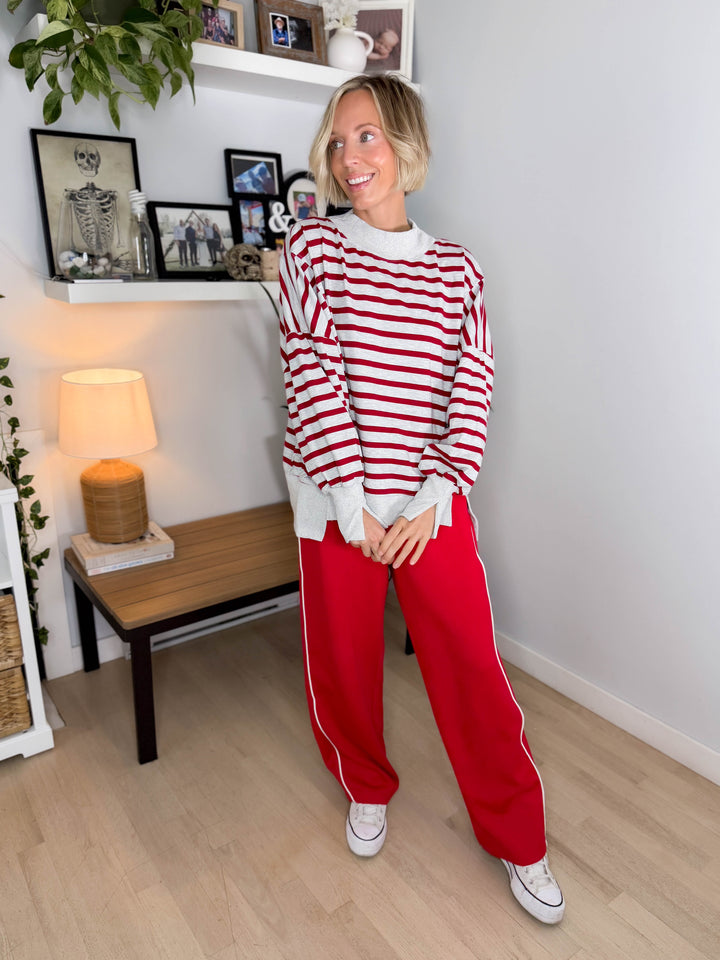 Juniper Mockneck Stripe Pullover- HTHR GREY/RED
