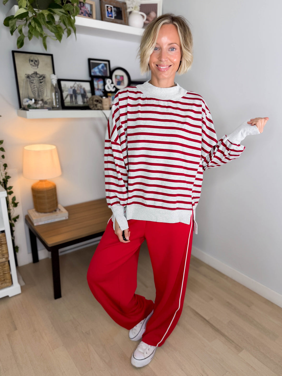 Juniper Mockneck Stripe Pullover- HTHR GREY/RED