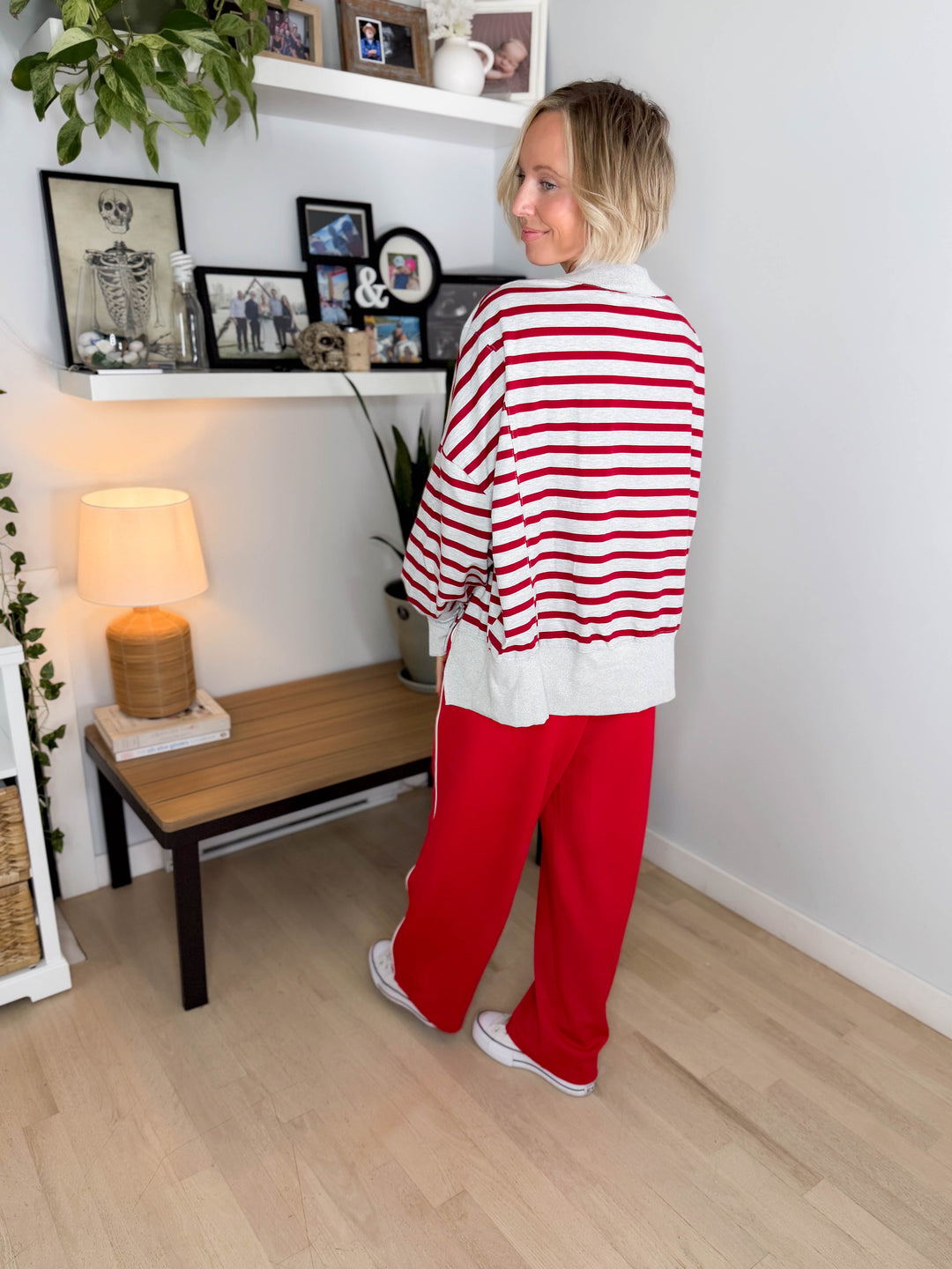 Juniper Mockneck Stripe Pullover- HTHR GREY/RED