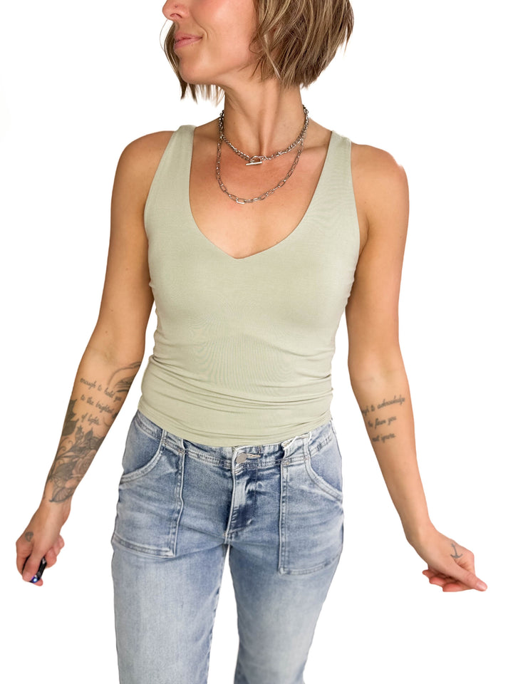 Lucy Double V Neck Jersey Tank-  SAGE-FINAL SALE