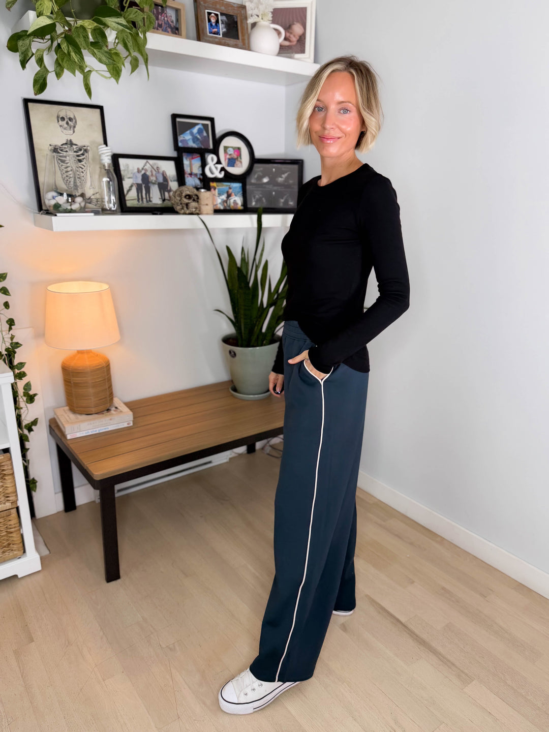 Miranda Modal Piping Straight Leg Pant- TEAL NAVY/MOCHA CREAM