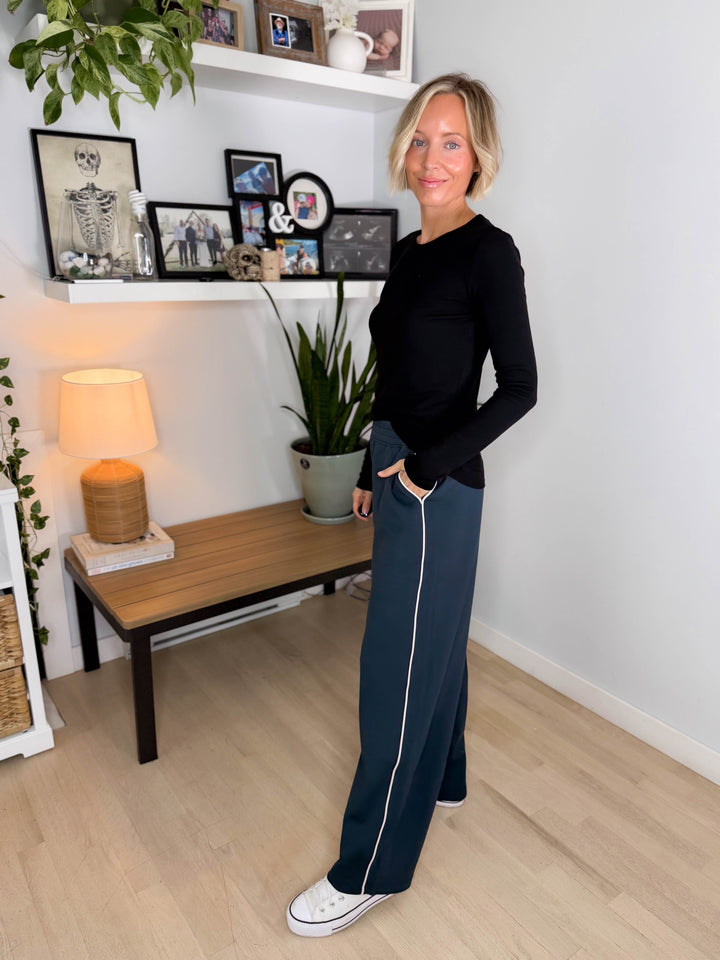 Miranda Modal Piping Straight Leg Pant- TEAL NAVY/MOCHA CREAM