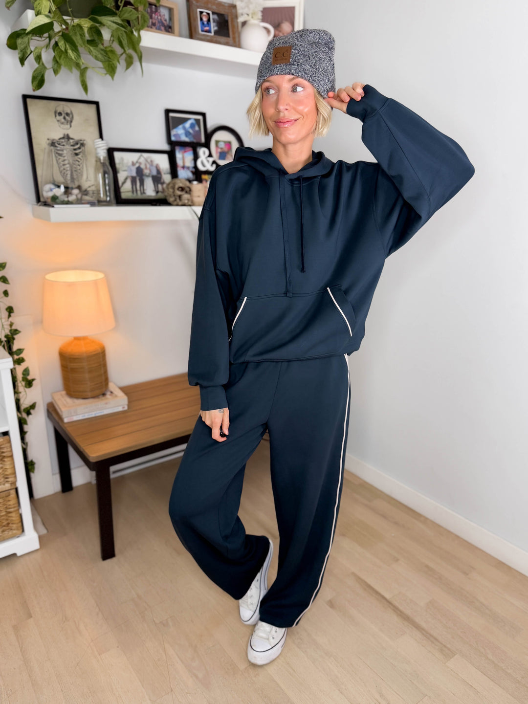Miranda Modal Piping Hoodie- TEAL NAVY/MOCHA CREAM
