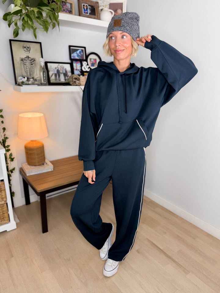 Miranda Modal Piping Hoodie- TEAL NAVY/MOCHA CREAM