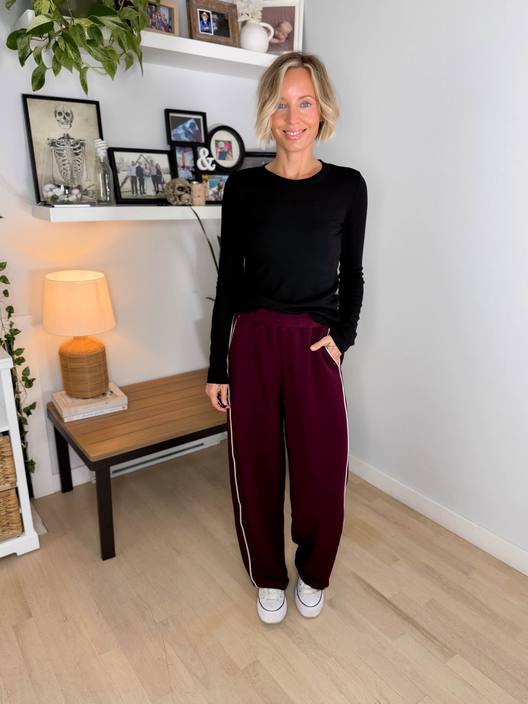 Miranda Modal Piping Straight Leg Pant- DARK CHERRY/MOCHA CREAM