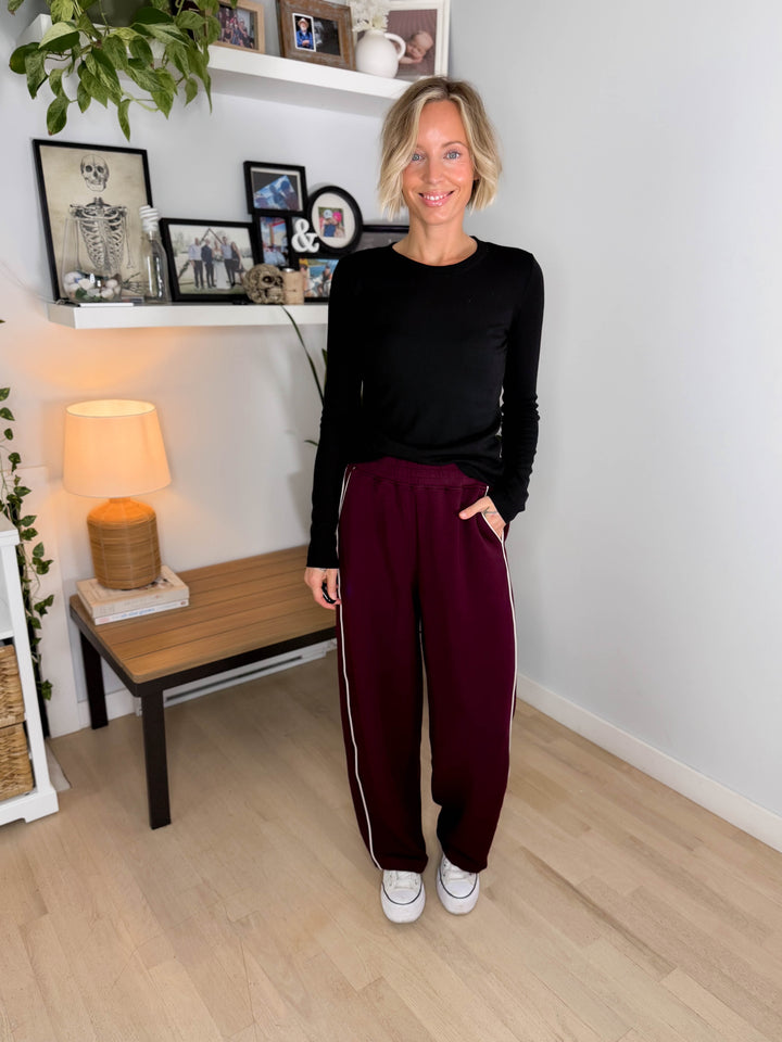 Miranda Modal Piping Straight Leg Pant- DARK CHERRY/MOCHA CREAM