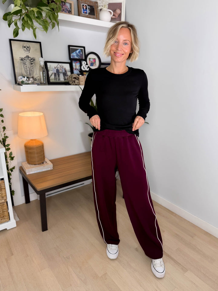 Miranda Modal Piping Straight Leg Pant- DARK CHERRY/MOCHA CREAM