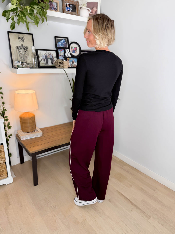Miranda Modal Piping Straight Leg Pant- DARK CHERRY/MOCHA CREAM