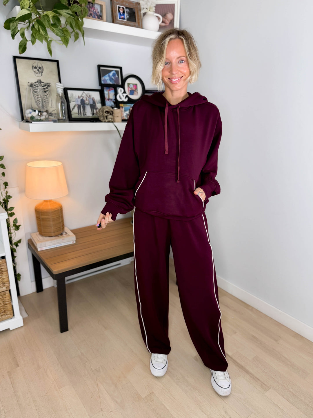 Miranda Modal Piping Straight Leg Pant- DARK CHERRY/MOCHA CREAM