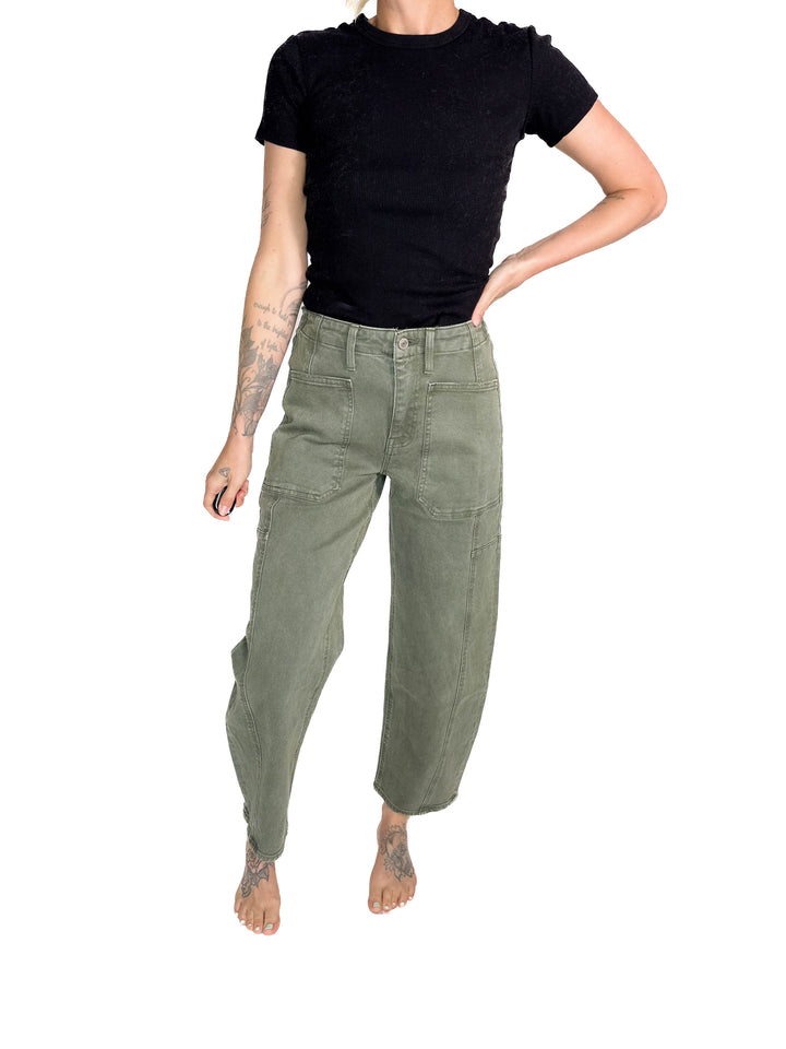 FLYING MONKEY Cypress Super High Rise Barrel Jeans- DEEP FOREST