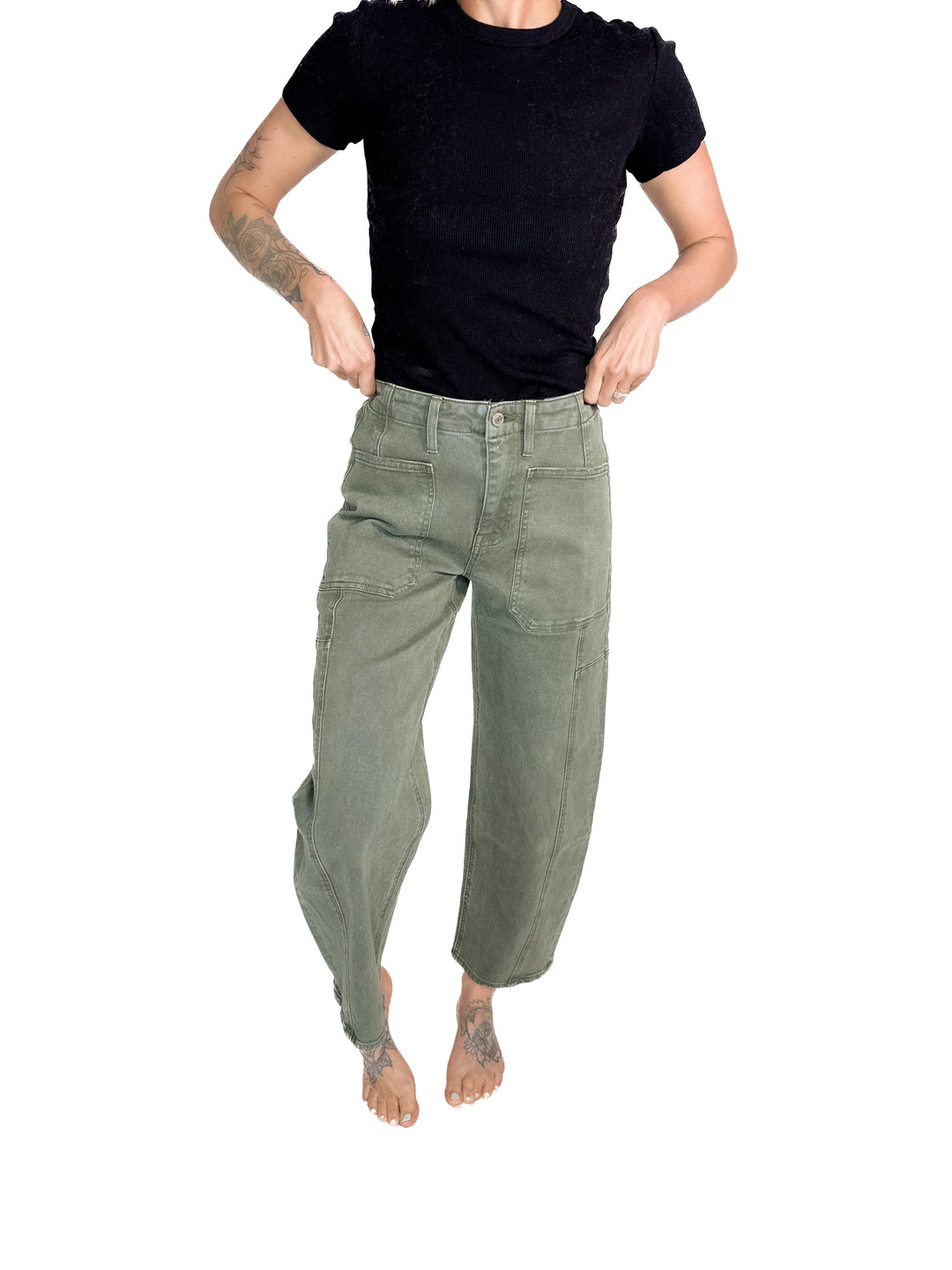 FLYING MONKEY Cypress Super High Rise Barrel Jeans- DEEP FOREST