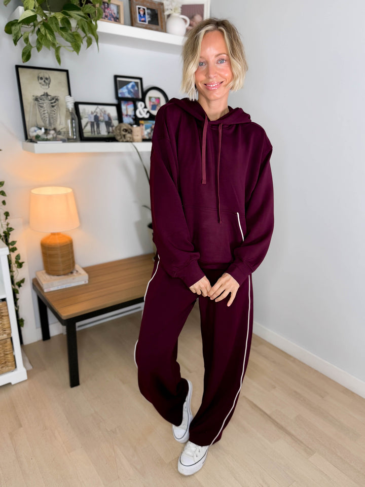 Miranda Modal Piping Hoodie- DARK CHERRY/MOCHA CREAM