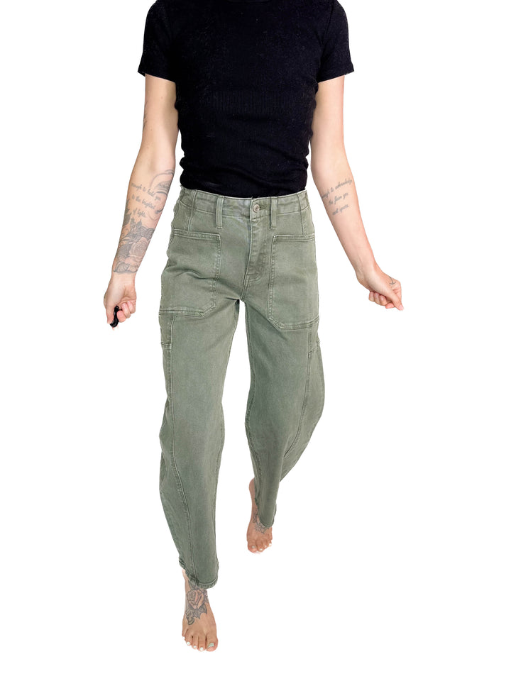 FLYING MONKEY Cypress Super High Rise Barrel Jeans- DEEP FOREST
