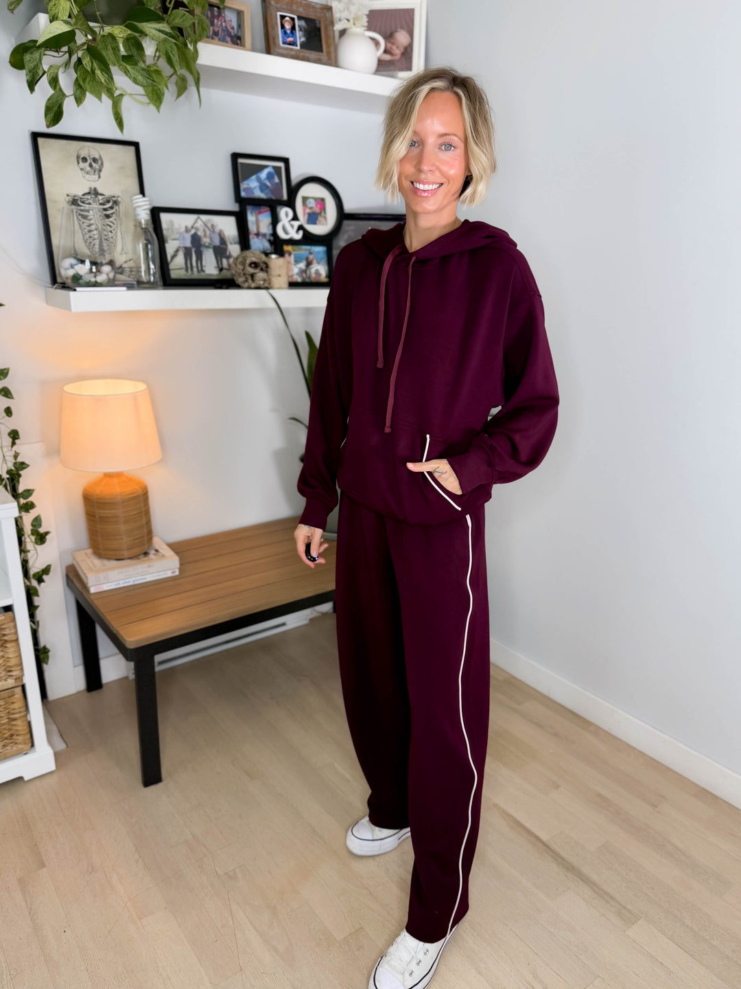 Miranda Modal Piping Hoodie- DARK CHERRY/MOCHA CREAM