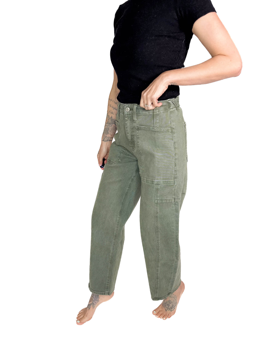 FLYING MONKEY Cypress Super High Rise Barrel Jeans- DEEP FOREST