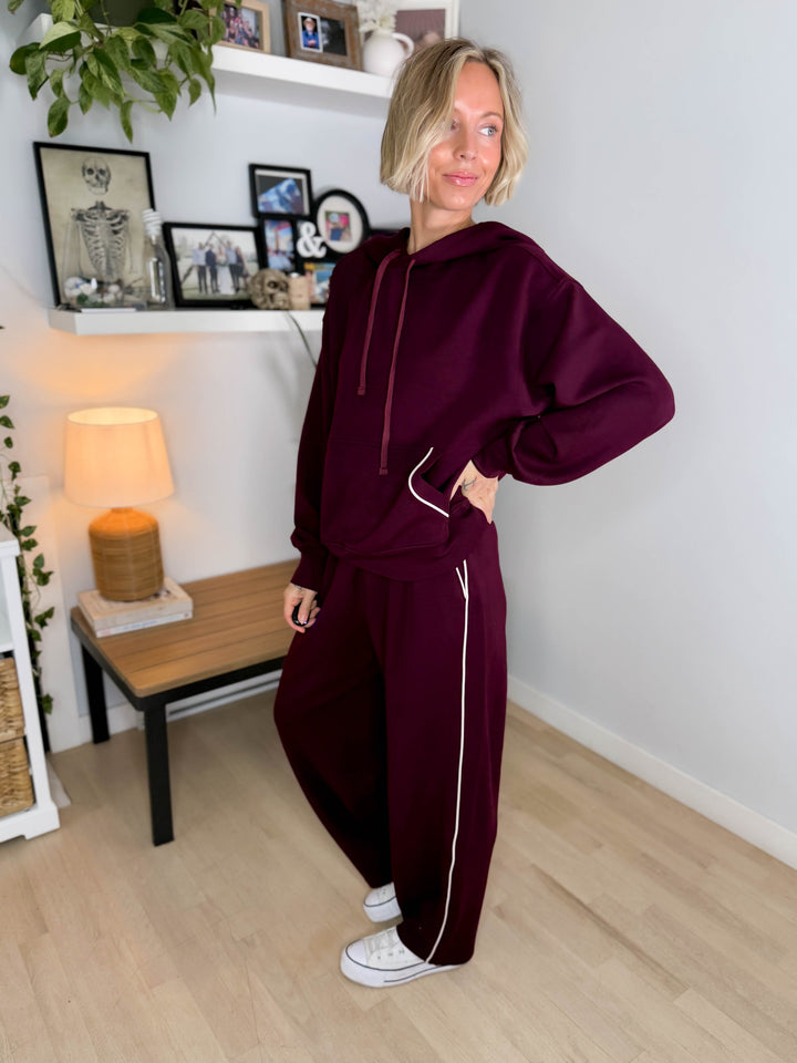 Miranda Modal Piping Hoodie- DARK CHERRY/MOCHA CREAM