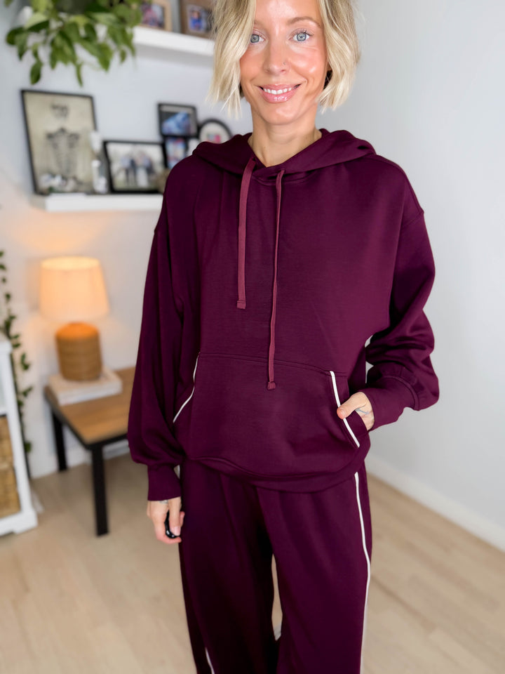 Miranda Modal Piping Hoodie- DARK CHERRY/MOCHA CREAM