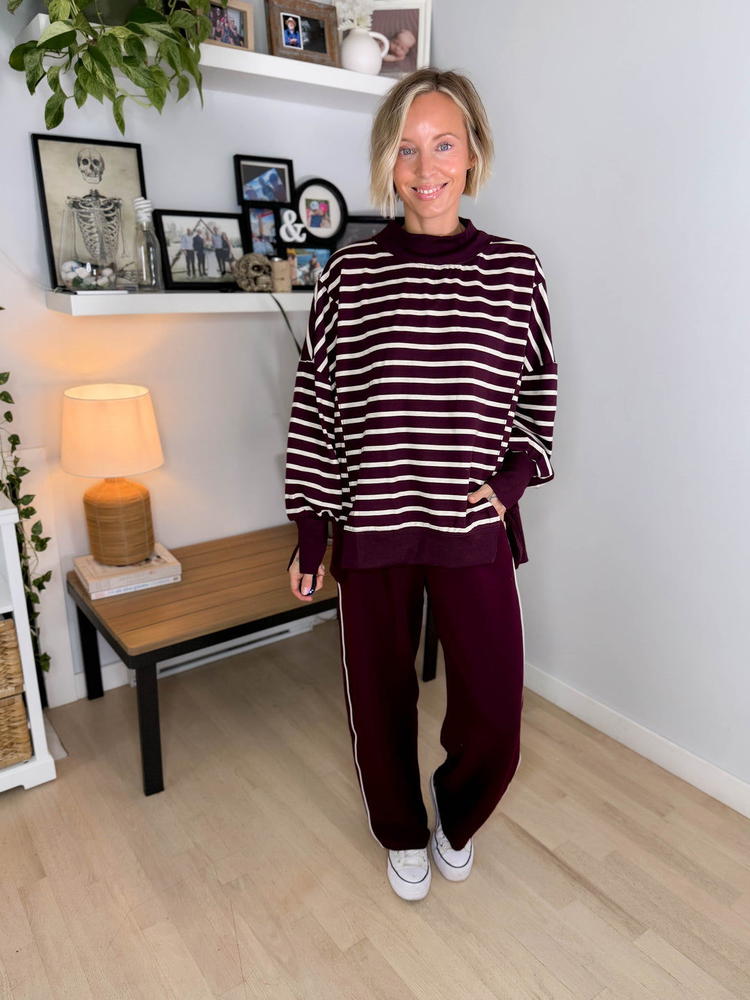 Juniper Mock Neck Stripe Pullover- RASBERRY/ECRU