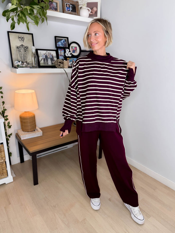 Juniper Mock Neck Stripe Pullover- RASBERRY/ECRU