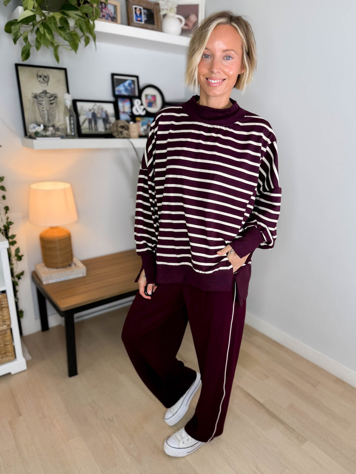 Juniper Mock Neck Stripe Pullover- RASBERRY/ECRU