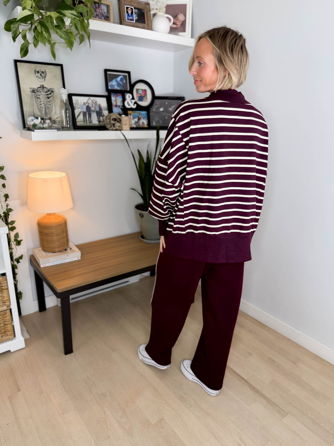 Juniper Mock Neck Stripe Pullover- RASBERRY/ECRU