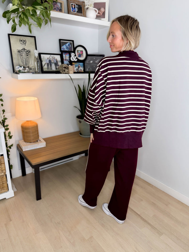 Juniper Mock Neck Stripe Pullover- RASBERRY/ECRU