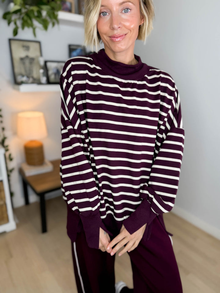 Juniper Mock Neck Stripe Pullover- RASBERRY/ECRU