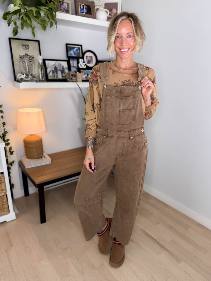 Marie Mineral Washed Barrel Overalls- MOCHA MOUSSE